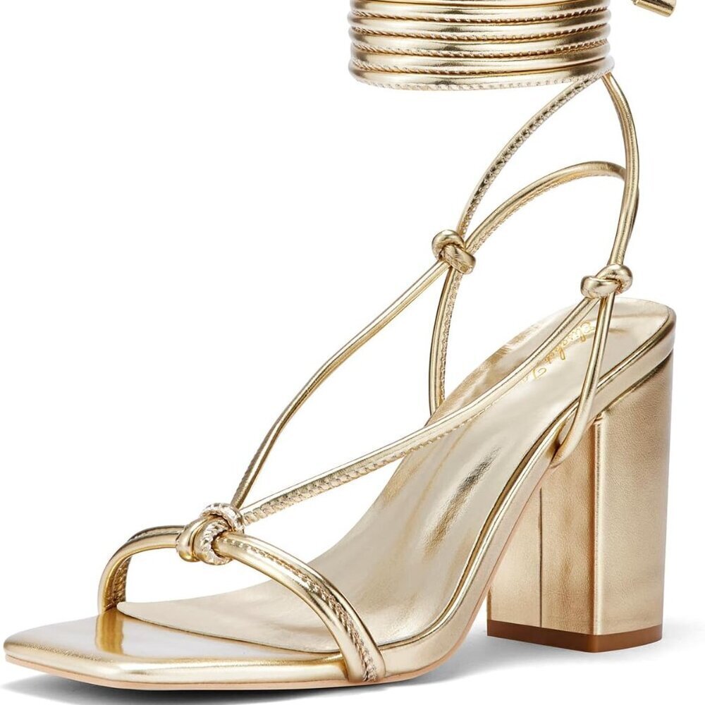 Women's Faux Leather Chunky Heels Sandals 3 Inch Block Open Toe Tie Up Shoes